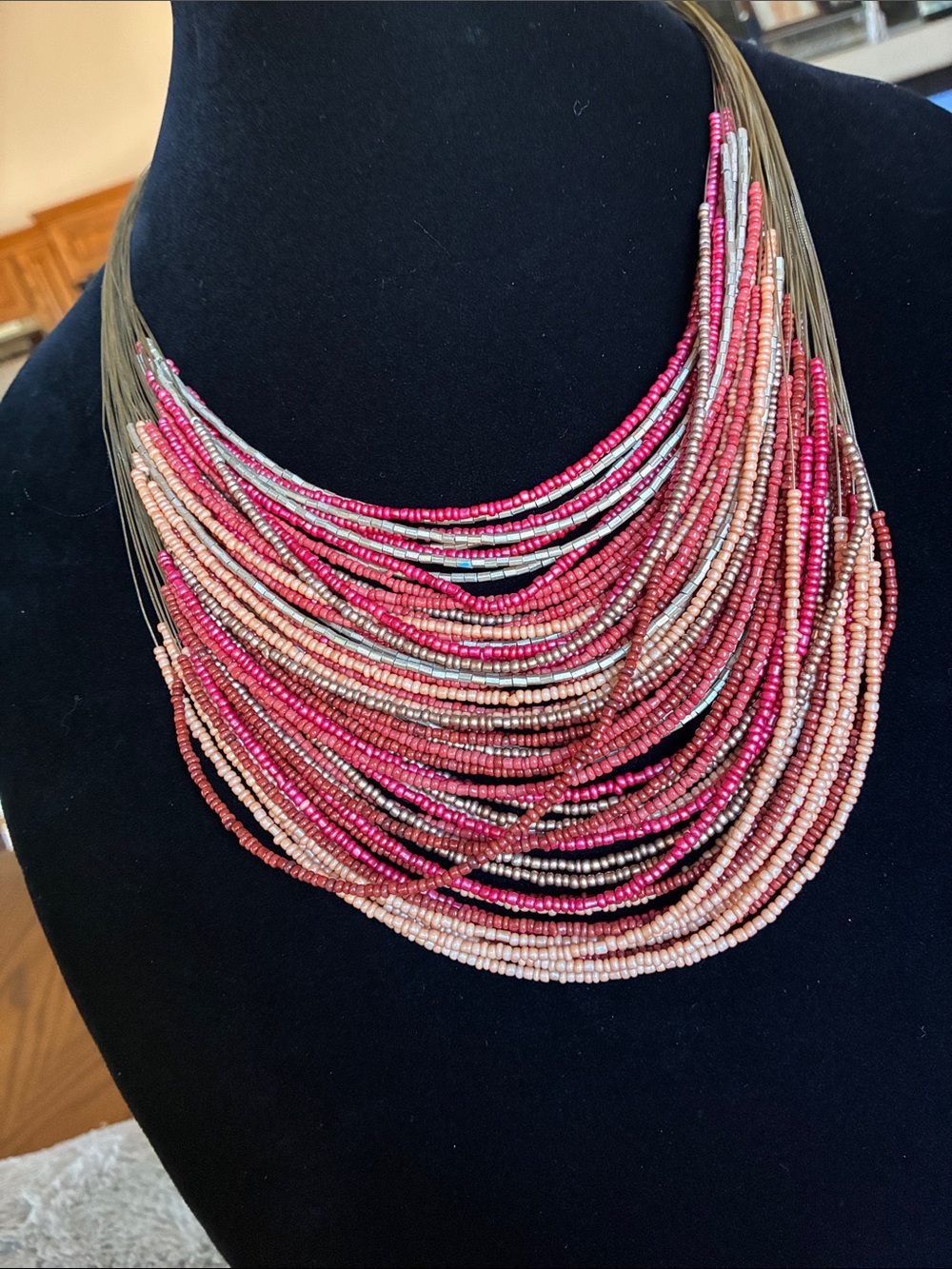 Multi-Strand Pink Beaded Statement Necklace